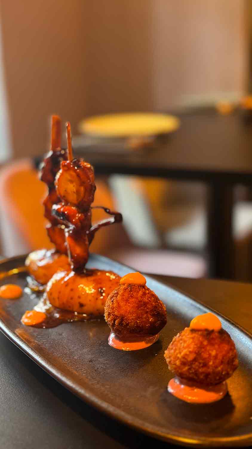 Croquetas de ají de gallina y anticucho de pulpo